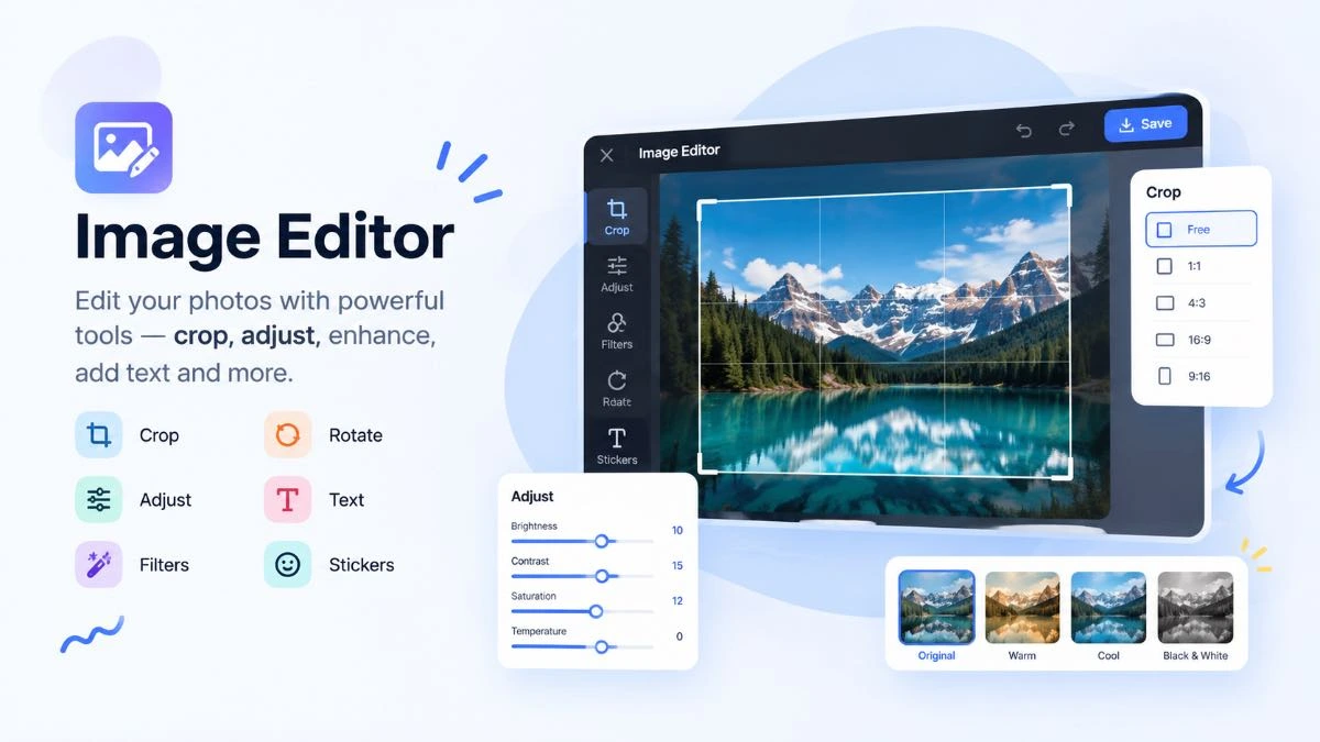 Online image editor for editing, cropping, adjusting, and enhancing photos